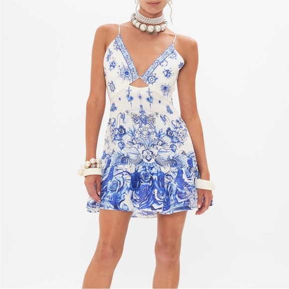 Bejeweled Linen Minidress with Cut Outs in Immortal Ink blue tattoo print - Picture 5 of 11